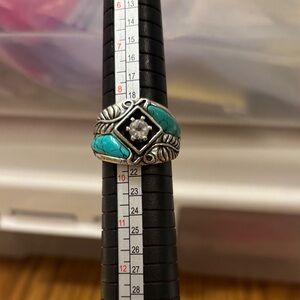 Vintage Carolyn Pollack Sterling Silver Leaf Design CZ and Turquoise Ring Sz 9